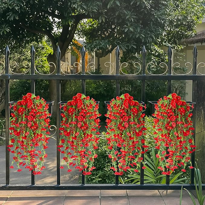 Artificial Hanging Flowers – 4 Pack UV Resistant Fake Morning Glory Vine Faux Plants for Porch, Patio, Balcony, Garden, Indoor & Outdoor Decor (Red)