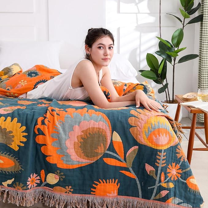 Snycler Boho Throw Blanket for Bed, 100% Organic Cotton Muslin Soft Throw-Orange Boho Floral Farmhouse Rustic Spring Summer Fall Decor Blanket for Couch Sofa Quilt and Gift, 80" x 90"
