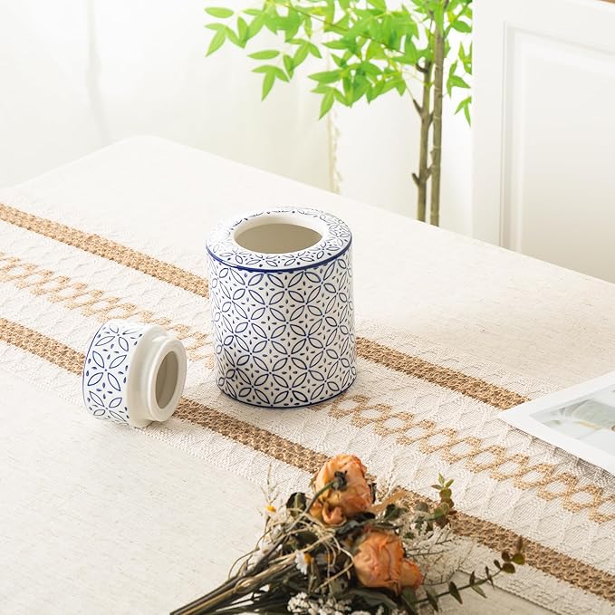 Ceramic Decorative Jars with Lid, Blue and White Ginger Jar for Home Decor, Cylindrical Vase Decor, 7.7x5.4 Inch, Blue Line