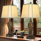 28.5" high Vintage Brown Table Lamps Set of 2 - Bedside Lamp with Faux Silk Shades - for Bedroom and Living Room with USB and Nightlight - Perfect for Nightstands and Bedrooms (Bulb Included)