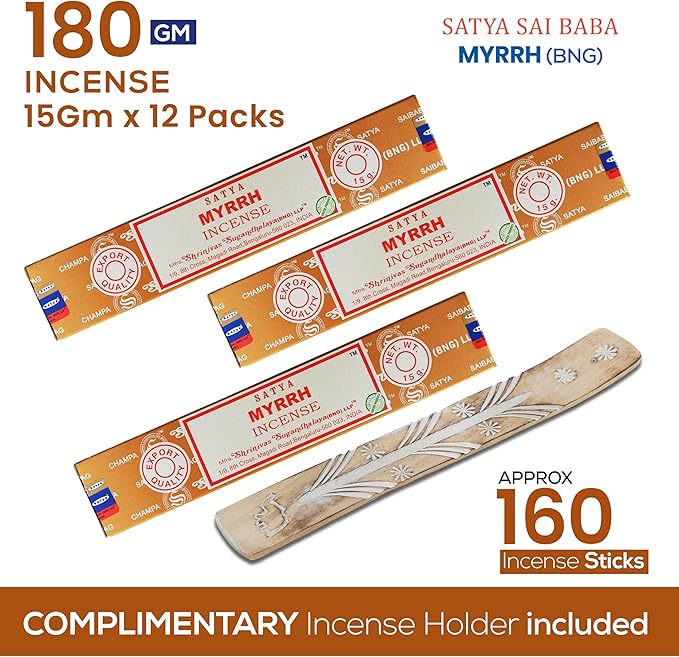 Satya Myrrh Incense Sticks, Bng 15gmx12 Pack With Raajsee Incense Holder Bundle, Nagchampa Natural