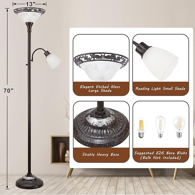 Luvkczc 70" Floor Lamp for Living Room, Bedroom, Office - 2 Head Standing Lamp with Metal Pole & Heavy Base - Vintage Tall Corner Reading Light - No Bulbs Included