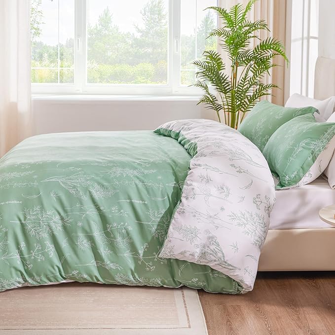 Love's cabin Sage Green Comforter Set Queen - Queen Size Comforter Set, 3 Pieces Cute Floral Bedding Sets for All Seasons,1 Soft Reversible Botanical Flowers Comforter and 2 Pillow Shams