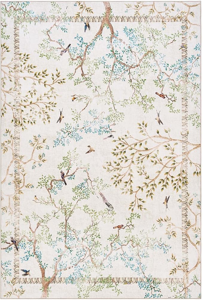 jinchan Botanical Birds 5x7 Ivory Area Rugs for Living Room Washable Non-Slip Soft Nature Plants Modern Kids Carpet Vintage Ultra Thin Low Pile Indoor Rug for Bedroom Dining Room Nursery Playroom