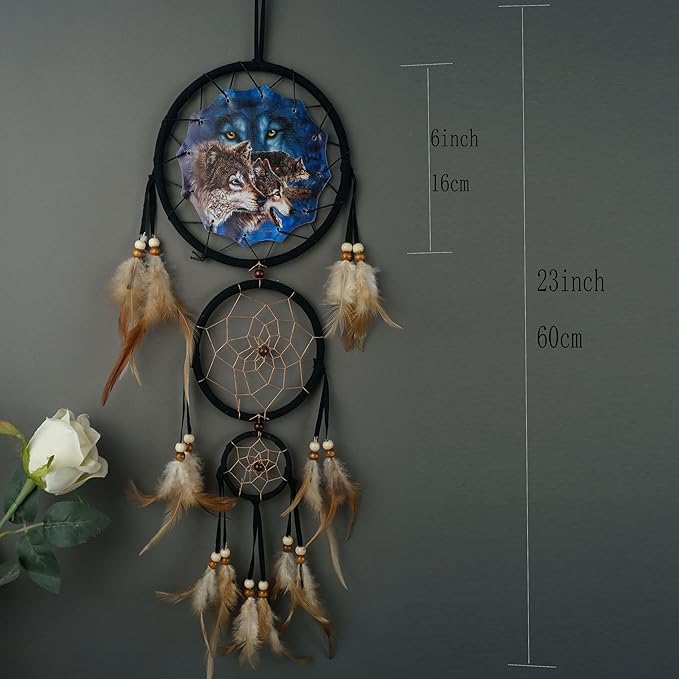 Remorelt Wolf Eagle Bear Dream Catcher Bedroom Wall Decor, Christmas Home Decoration, Room Accessory, White Moon Feather Decoration - Unique Home Craft Wall Pendant (DC08 6Inch Find 12 Wolves)