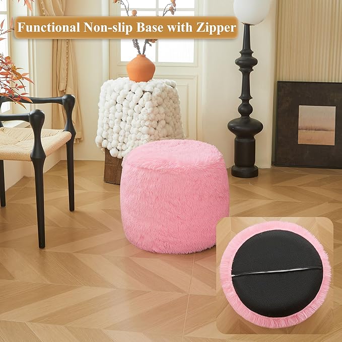 XeGe Fluffy Faux Fur Inflatable Pouf Ottoman, Cozy Shaggy Fuzzy Foot Stool, Plush Furry Foot Rest Floor Pouf Anti-Slip Kid Girl Adult, Foldable Round Ottoman Cushion for Living Room Bedroom, Pink