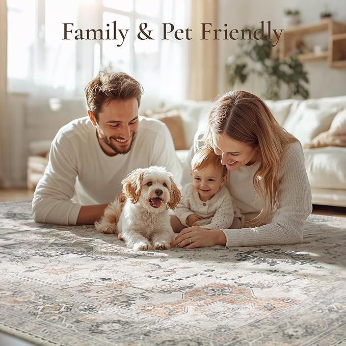 GENIMO 10x14 Area Rugs for Living Room, Non Slip Machine Washable Vintage Rugs, Low Pile Lightweight Chenille Print Large Rug for Bedroom, Dining Room, Home Office, Light Taupe Brown