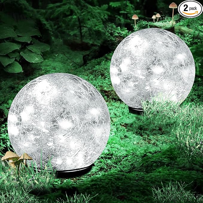 Garden Solar Ball Lights Outdoor Waterproof, 80 LED Cracked Glass Globe Solar Power Ground Lights for Path Yard Patio Lawn, Outdoor Decoration Landscape White (2 Pack 5.9'')