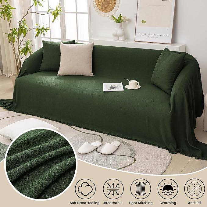 Green Couch Covers for Sectional Sofa, Thick Chenille Couch Cover for Sofa Chair Loveseat 1 PC Armchair Sofa Slipcover Anti-Scratch Modern Furniture Protector, 71"x71"