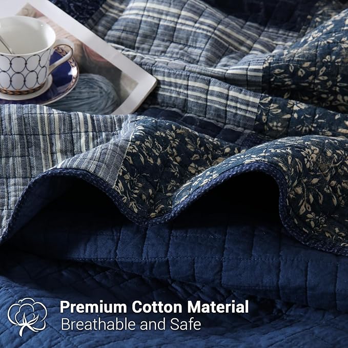 Yvooxny Quilts King Size Reversible Lightweight Bedspread 3-Piece Quilt Set Plaid Floral Patchwork 100% Cotton King Quilt Set Bedding Set with Pillow Shams for All Seasons, Azure Blue, 98x106''