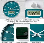 Wall Clock, 14" Large Dial Non-Ticking Silent Battery Operated Analog with LCD Display for Perpetual Calendar and F° Temperature, Ideal Modern Home, Bedroom, Kitchen, Office Decor(Green)