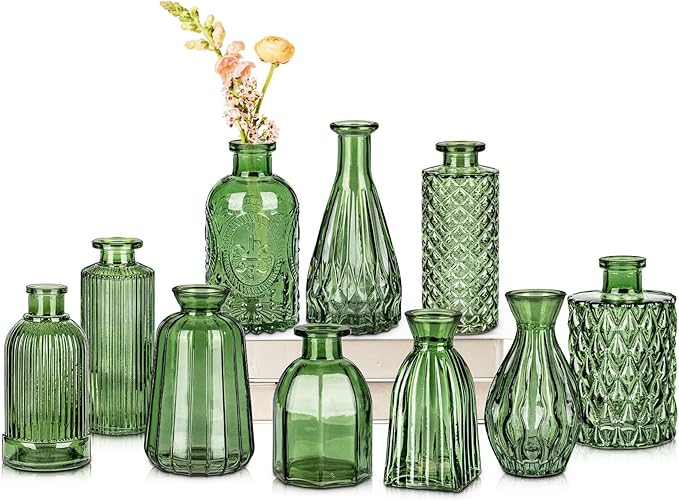 Glass Bud Vases Set of 10, Peacock Green Small Flower Vase in Bulk for Centerpieces, Mini Vintage Vases for Rustic Wedding Vintage Home Table Decor