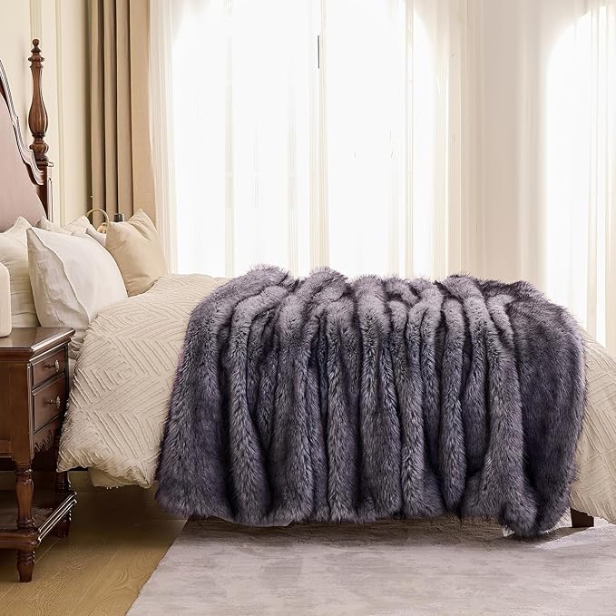 Fluffy Faux Fur Throw Blanket – Super Soft Warm Thick Plush Blanket for Bed, Couch & Office, Cozy Fuzzy Throw with Flannel Backing,60"x80", Grey