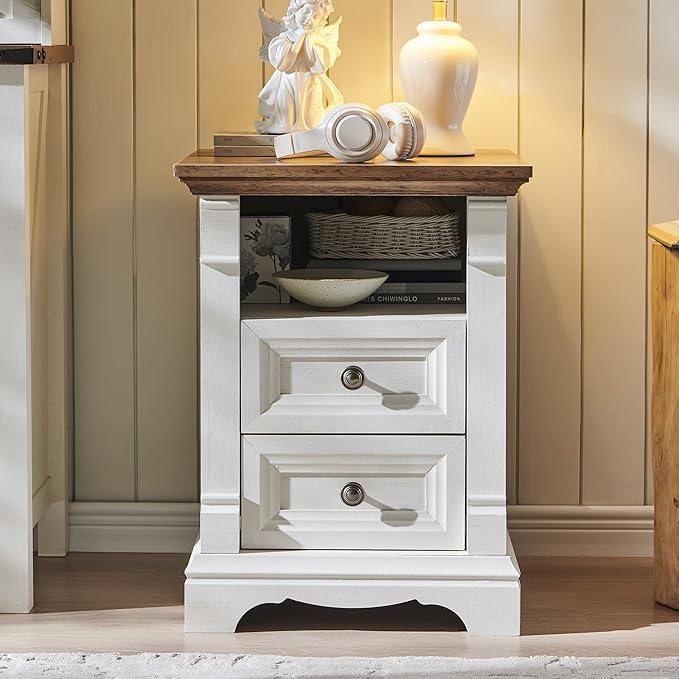 Farmhouse Nightstand with Charging Station, 18" End Table with 2 Drawers Storage, Wood Side Table w/Roman Column, Bedside Cabinet for Bedroom, Living Room, Antique White