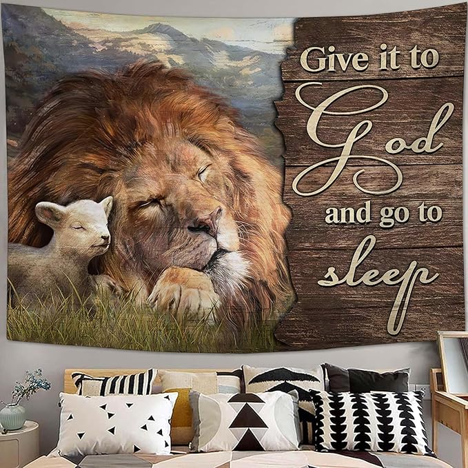 yowecso Lion and Lamb Tapestry Give It To God And Go To Sleep Tapestry Wall Hanging for Bedroom Christian Religious Tapestries Aesthetic Wall Decor for Home Dorm Living Room 40"x60"