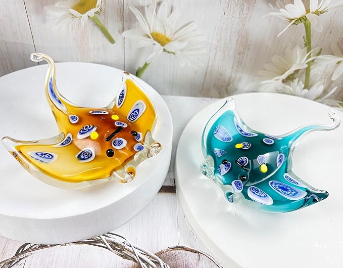 Crystal Ray Fish Figurine Hand Blown Glass Manta Ray Statue Collectibles Ocean Art Sea Animal Home Table Decor Gift Green 4.9''