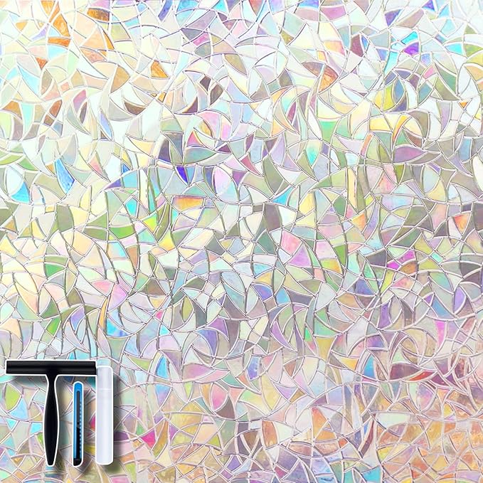 Volcanics Window Privacy Film with Installation Tools, Static Clings Vinyl 3D Decals, Stickers Rainbow Film for Glass Door Heat Control Anti UV 29.5 x 78.7 Inches