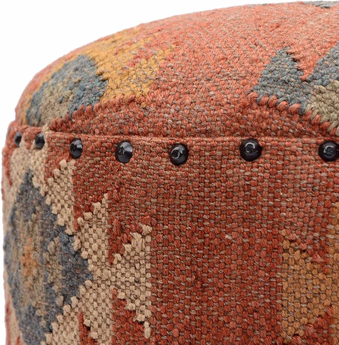 Handmade Kilim Jute Pouf Ottomans Wooden Seating Stool for Living Room, Bedroom (16" D x 16" W x 16" H) (Red)