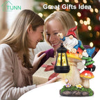 TIJNN Solar Garden Statue Gnomes Figurine Lights,Funny Gnomes Standing on Mushrooms with Lanterns, with Lanterns Outdoor Yard Decorations for Patio Porch Home, Garden Gifts for Women Mom