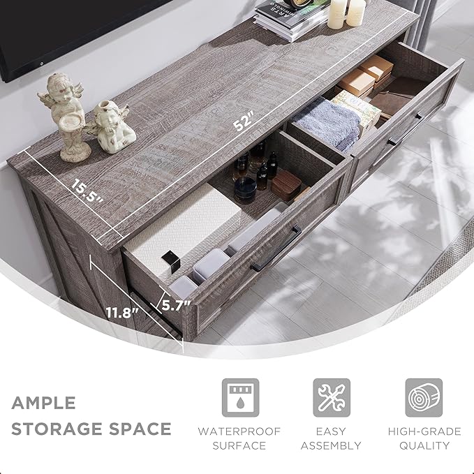 ACCOHOHO Farmhouse 6 Drawer Dresser for Bedroom, 52 Inch Wide Modern Dresser TV Stand with Large Drawers & Bar Handles, Rustic Wood Chest of Drawers for Bedroom, Living Room, Hallway, Grey