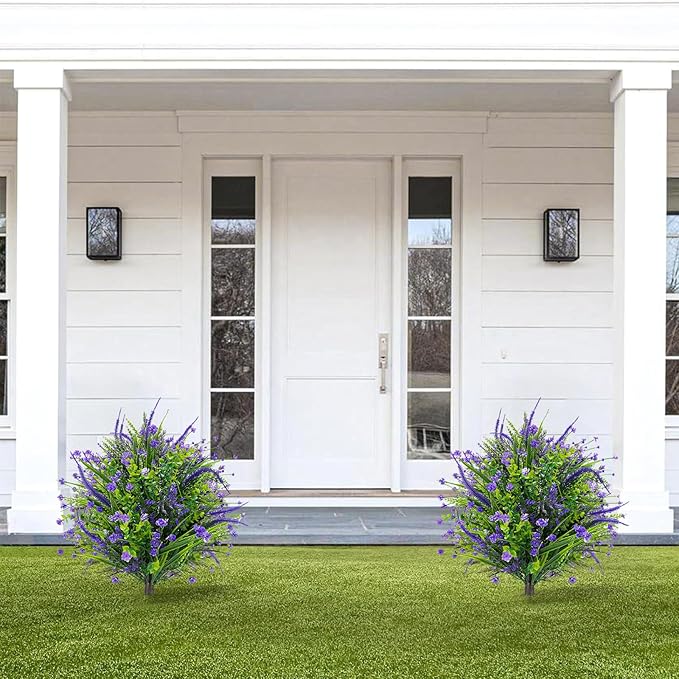 Artificial Boxwood Topiary Ball Trees with Ground Spikes UV Resistant Faux Greenery Shrubs Fake Shrubs for Outdoors, Realistic Faux Plants Bushes for Garden Porch Yard Patio Decor (Purple Flower)