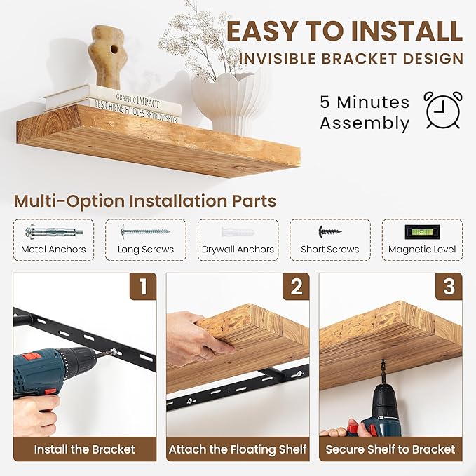 Floating Shelves, 8" Deep Rustic Solid Wood Wall Mounted Floating Shelves, Wall Shelves with Invisible Bracket for Living Room Bathroom Bedroom Kitchen, 32 Inch Set of 2, Natural