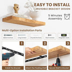 Floating Shelves, 8" Deep Rustic Solid Wood Wall Mounted Floating Shelves, Wall Shelves with Invisible Bracket for Living Room Bathroom Bedroom Kitchen, 36 Inch Set of 2, Natural