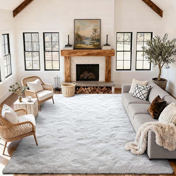 8x10 Ft Extra Large Shag Rugs for Living Room, Ultra Soft Fluffy Furry Area Rugs for Bedroom Indoor Floor, Aesthetic Carpet for Kids Home Decor (White)