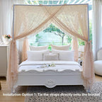 AIKASY Elegant Lace Princess 4-Poster Bed Canopy Mosquito Net - Romantic Wedding Bridal Bedroom Decor, Kids Room Bed Curtain for Women Adults - (Cream-1,Queen)