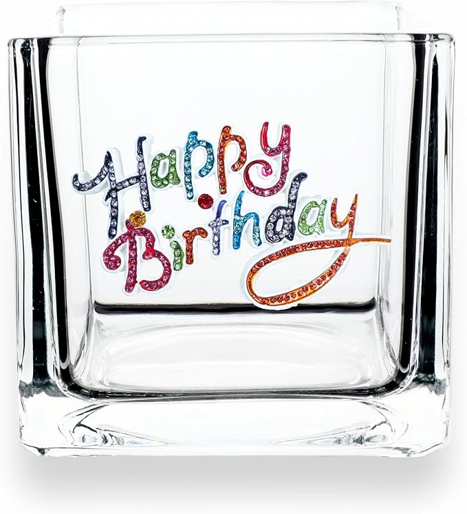 THE QUEENS' JEWELS Happy Birthday Jeweled 4x4 Candle Holder Vase - Unique Gift for Women, Birthday, Cute, Fun, Cocktail, Queen, Not Painted, Decorated, Bling, Bedazzled, Rhinestone