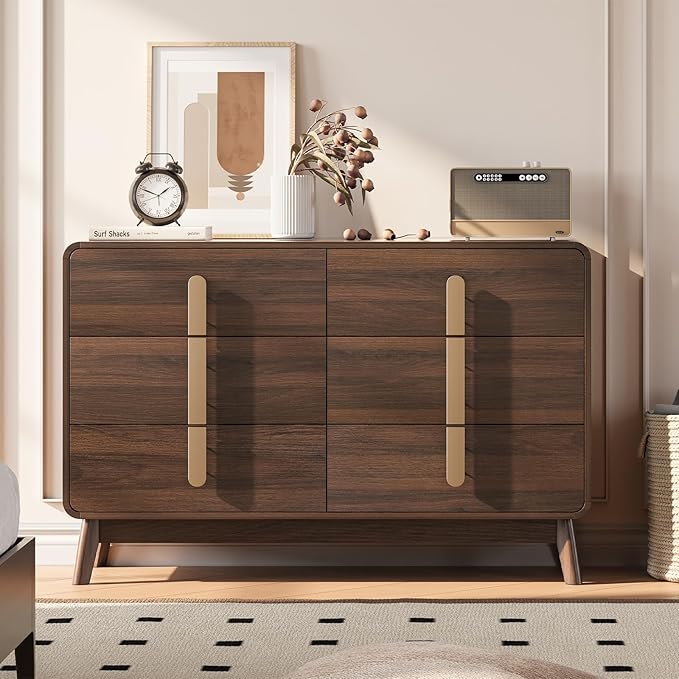 Dresser for Bedroom with 6 Drawers,Mid Century Modern Dresser with Storage,47" Wide Chest of Drawers with Metal Handles,Large Wood Drawer Organizer for Bedroom,Living Room,Hallway,Walnut