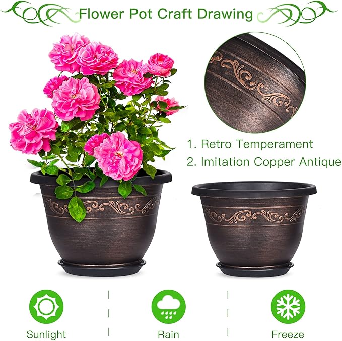 Plastic-Plant-Flower-Planters-12 Inch with Drainage Hole & Saucer, 3 Packs Lightweight Small Resin Flower Pot Indoor Outdoor, Retro Antique Imitation Decorative Garden Containers Sets for Houseplants