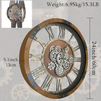 24 Inch Moving Gear Wall Clock, Oversized Wall Clocks, Clock Living Room Decor, Solid Wood Frame, Battery Operated, Large Wall Clock with Steampunk Industrial for Fireplace(Machilus)