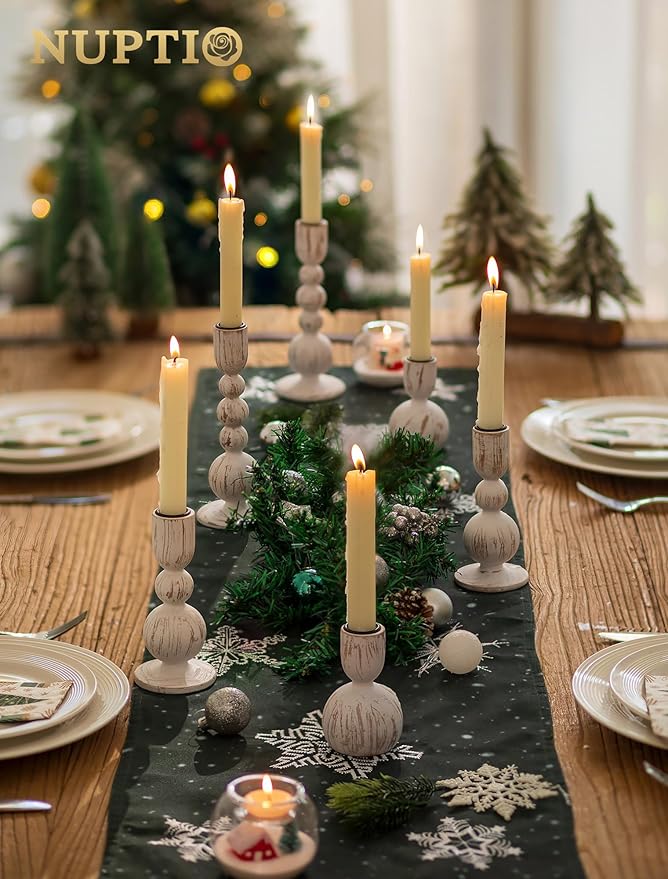 NUPTIO Taper Candle Holders Decor: Set of 3 Wooden Candlestick Holders Mantel Decor - Boho Farmhouse Rustic White