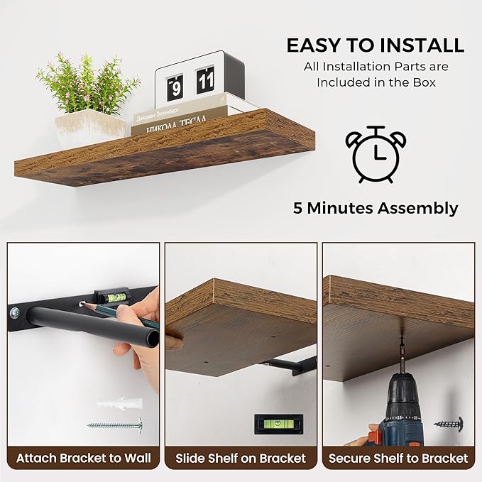 Dreamland 36 inch Floating Shelves Wall Shelves for Office with Invisible Brackets, 8 inch Deep Shelves for Bathroom, Living Room, Kitchen, Office, 36x7.9 inch deep Set of 2, Brown