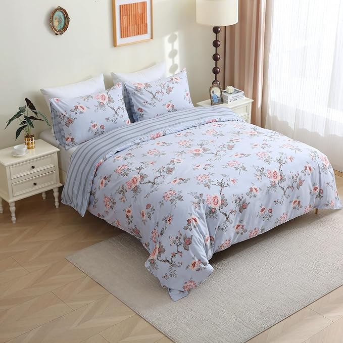 ABREEZE Floral Duvet Cover King Size Set Bird Flowers Bedding Set 100% Brushed Cotton Bedding Collection 1 Duvet Cover with 2 Pillowcases Grey