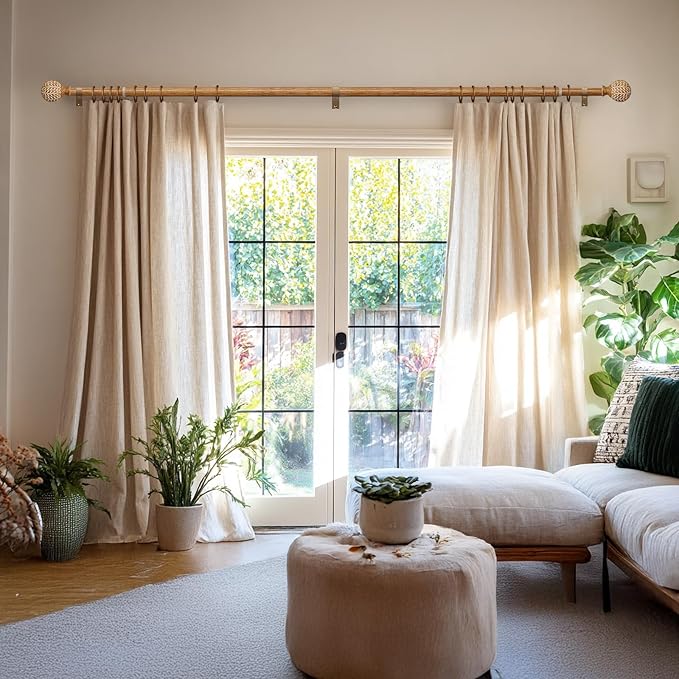 2 Pack Wood Curtain Rods for Windows,1'' Diameter Drapery Rods with Imitation Wood Grain Leaf Pattern Finials,Boho Adjustable Heavy Duty Curtain Rods Set,18-45'',Color:Natural Wood