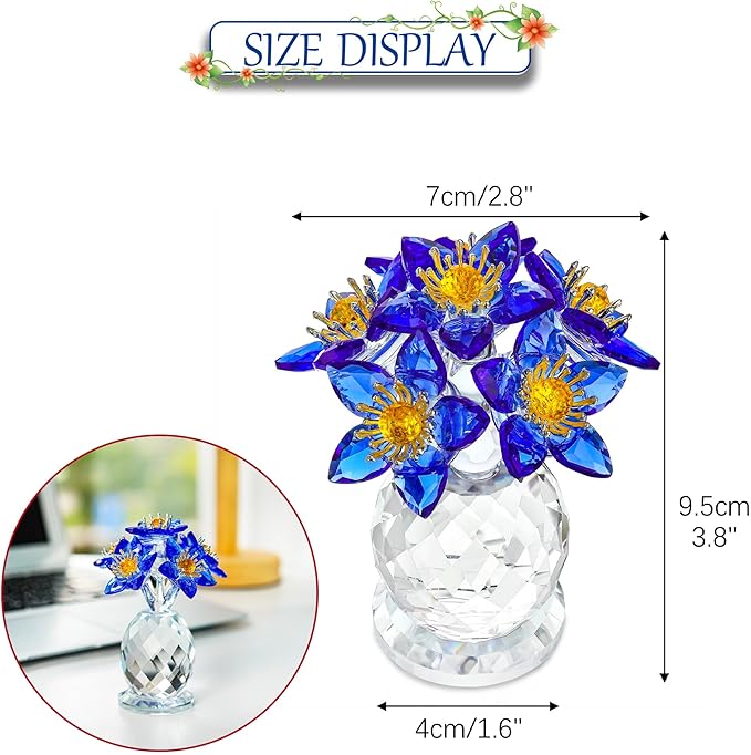 Blue Crystal Flower Figurine Collectibles Crystal Flower Christmas Ornament for Home Decor Table Centerpiece Glass Bouquet Flowers Keepsake for Women