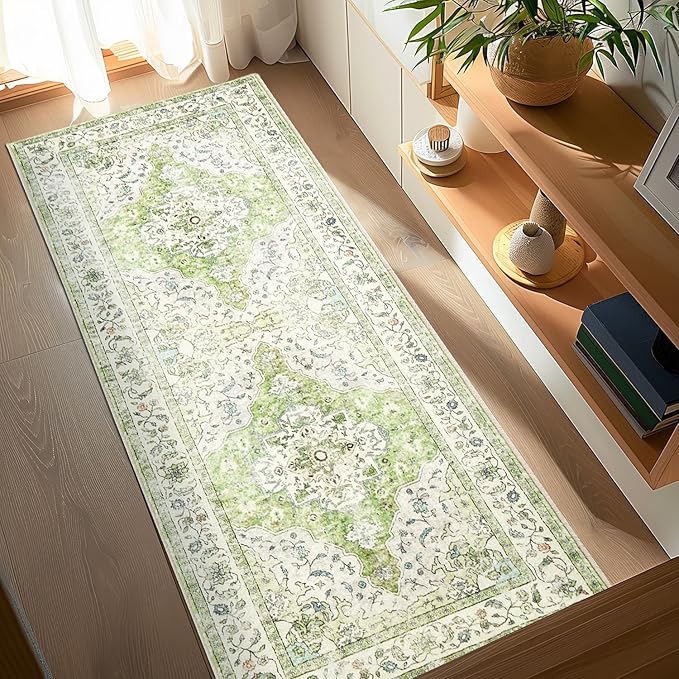 Topllen Runner Rug - 2'x5' Boho Washable Kitchen Rug, Non-Slip Soft Low Pile Rugs Indoor for Entrance Bedroom Bathroom Living Room,Vintage Throw Hallway Carpet Stain Resistance (Green, 2x5ft)