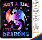 Dragon Blanket Gifts for Girl Woman - Just A Girl Who Loves Dragons Cute Animal Lovers Throw for Teen Kids Adults Soft Fleece Cozy Bed Couch Decor Birthday Christmas Lightweight Blanket 50"x60"