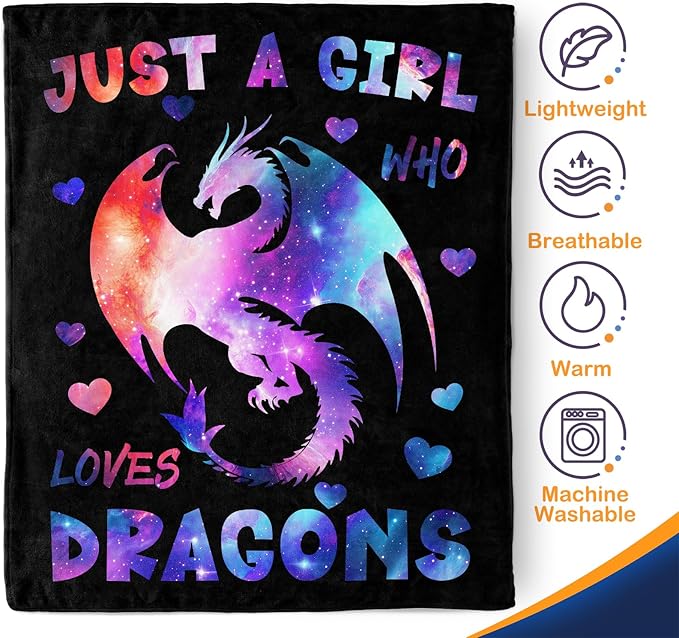 Dragon Blanket Gifts for Girl Woman - Just A Girl Who Loves Dragons Cute Animal Lovers Throw for Teen Kids Adults Soft Fleece Cozy Bed Couch Decor Birthday Christmas Lightweight Blanket 50"x60"