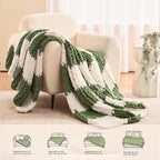 L'AGRATY Chunky Knit Blanket Throw: 60''x80'' Chenille Chunky Knitted Throw Blankets for Twin Bed Couch - Handmade Thick Cable Knit Blanket - Large Crochet Blankets for Home Decor(Green Checkered)