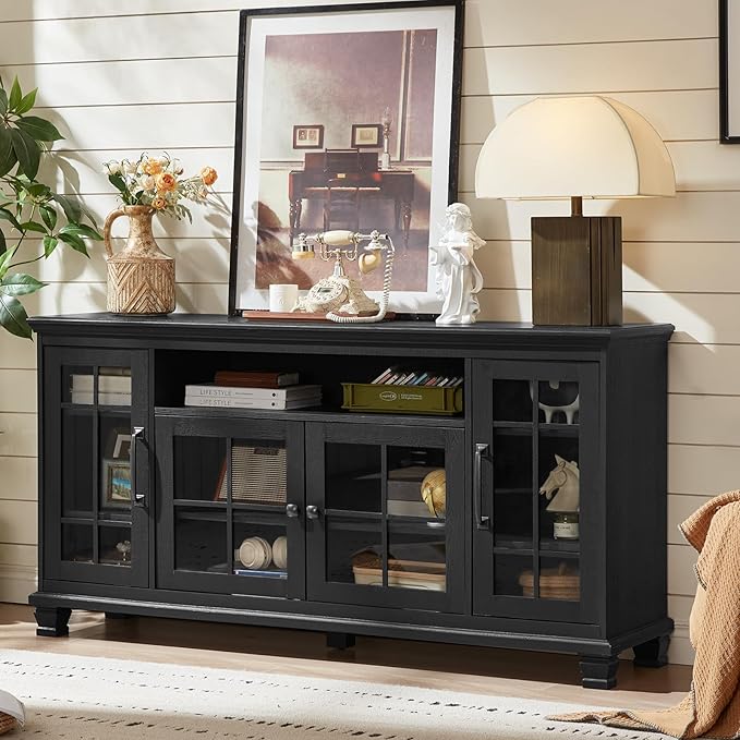 Large Black Sideboard Buffet Cabinet with Storage, Vintage Farmhouse 60" Wide Credenza Accent Cabinets with Glass Doors & Wood Legs, Kitchen Console Bar Table for Dining Room, Living Room