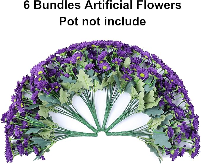 Daisy Artificial Flowers for Outdoors Summer Fall Decoration, 6 Bundles Fake Mums Purple Silk Flowers for Outside Look Real UV Resistant Faux Flowers Plants for Planter Front Door Home Indoor Porch