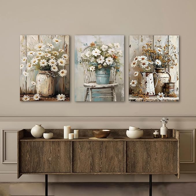 DUWQU 3 PCS Elegant Farmhouse Canvas Wall Art, Vintage Floral Pictures Art Wall Decor, Nature Themed Daisy Art Prints for Living Room Bedroom Kitchen and Office Ready to Hang 12×16 Inches