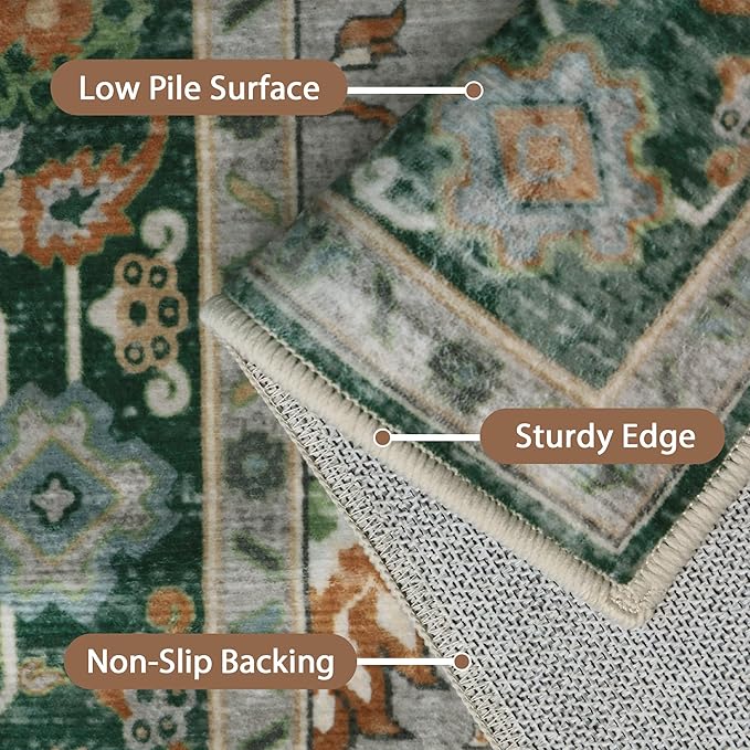 GENIMO 2x5 Runner Rugs for Hallway, Machine Washable Non Slip Vintage Rugs, Low Pile Lightweight Soft Print Rug for enrtyway, Corridor, Home Office, Kitchen,Pine Green