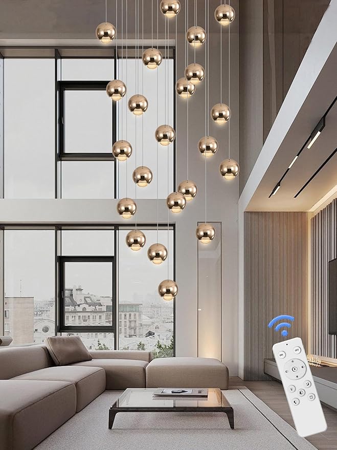 Farmhouse Crystal Chandelier, Luxury Hanging Lights High Ceiling Pendant Lighting for Foyer Staircase 24 Lights Gold Chandelier Dimmable 2700k-6000k