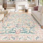 Wonnitar Floral Large Rugs for Living Room, Soft Light Pink Rug Washable 9x12 Carpet Non Slip, Boho Foldable Non-Shedding Kids Carpet for Bedroom Girls Nursery Dorm Playroom