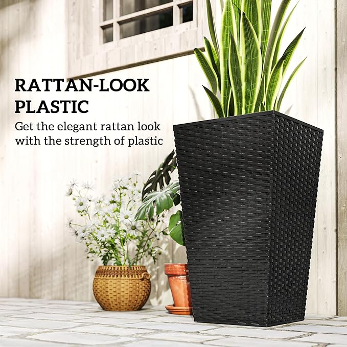 Outsunny Tall Planters for Outdoor Plants Set of 3, 24 in Taper Planters with Drainage Holes, Rattan Decor Plant Pots for Indoor Outdoor Front Porch Patio Backyard, Black