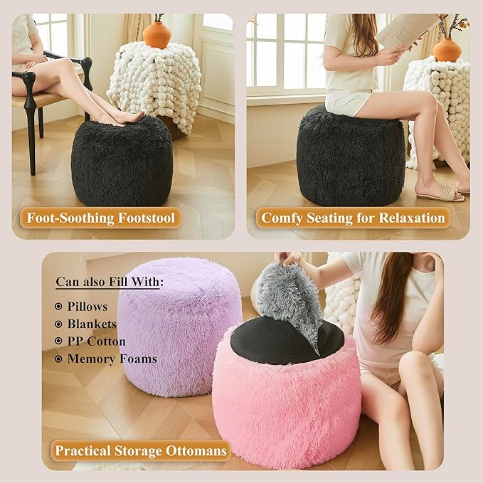 XeGe Fluffy Faux Fur Inflatable Pouf Ottoman, Cozy Shaggy Fuzzy Foot Stool, Furry Foot Rest Floor Pouf Anti-Slip, Foldable Round Ottoman Cushion for Living Room Bedroom Patio Dorm Desk, Dark Grey